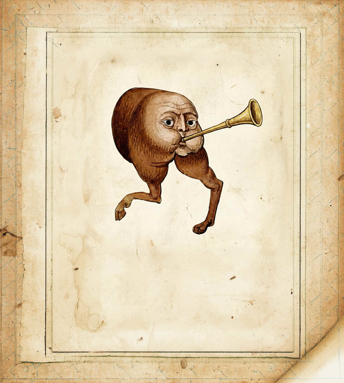 Medieval creature playing a trumpet